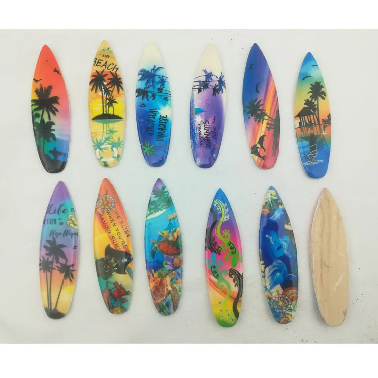 Custom Printing Maldives Beach Souvenir Wooden Fridge Magnet Surfboard