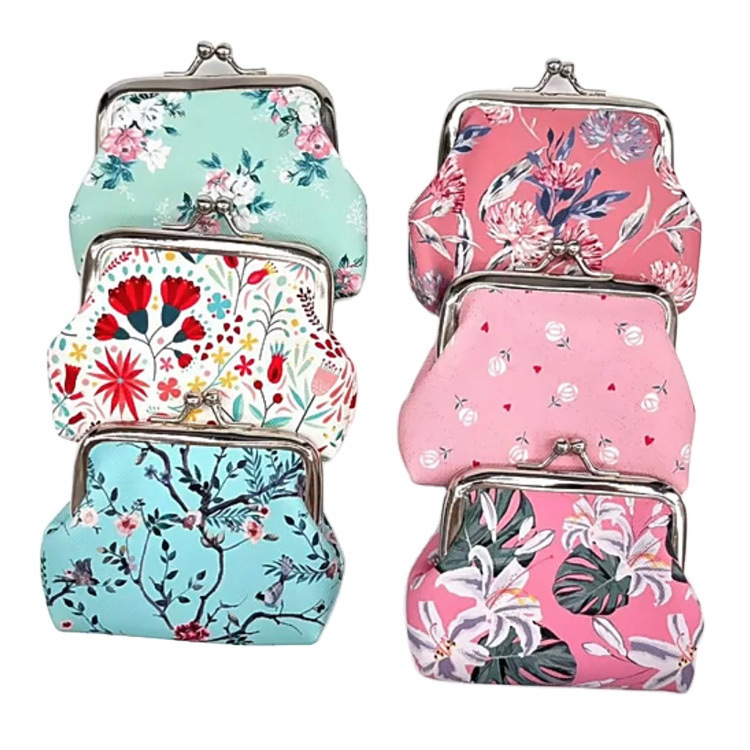 Custom Souvenir Gift PU Leather Floral Clutch Purse Woman Travel Wallet Buckle Coin Purse