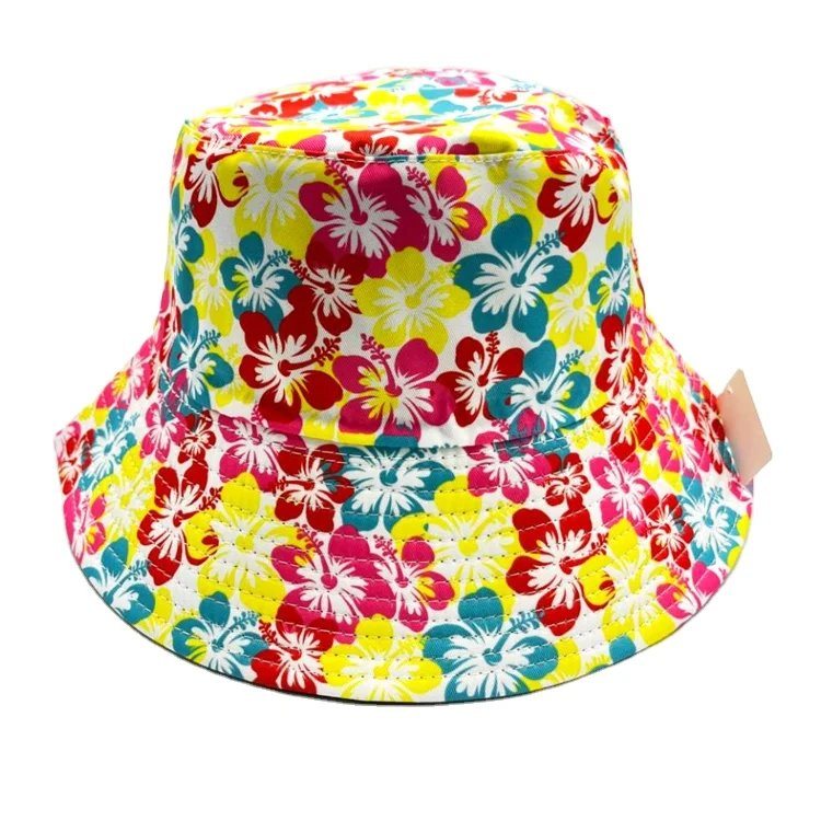 Custom Printing Logo Cotton Tropical Flower Leaf Floral Summer Beach Souvenir Bucket Hat