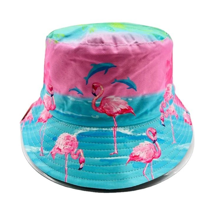 Customized Logo Full Printing Reversible Tropical Summer Beach Bahamas Flamingo Bucket Hat