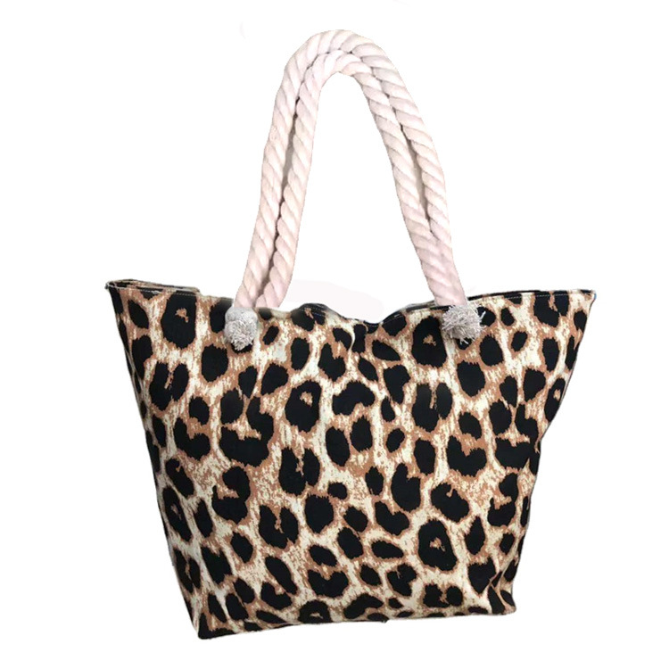 Wholesale Custom Women Canvas Beach Bag Rope Handbag Leopard Print Tote Bag