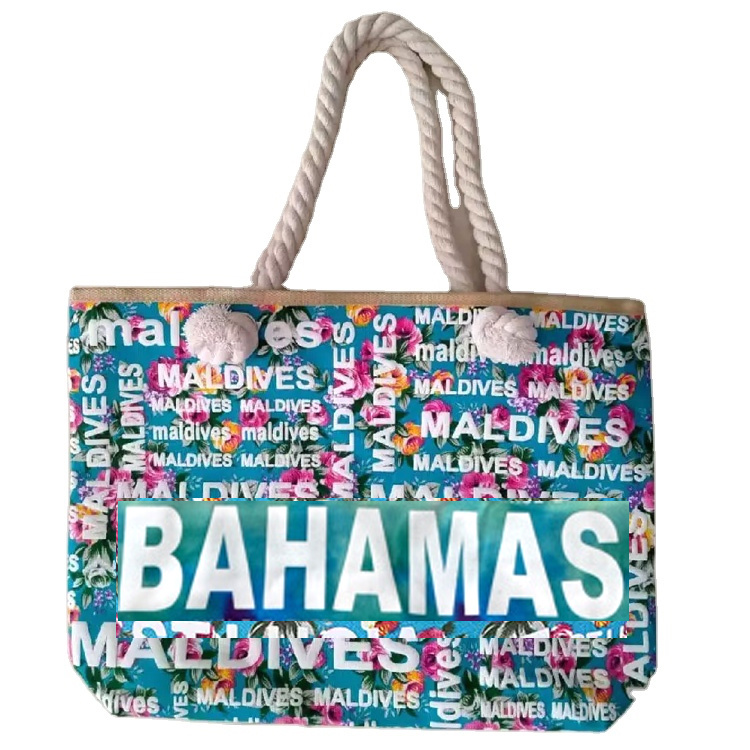 Custom Logo Canvas Summer Souvenir Bahamas Beach Bag with Rope Handle