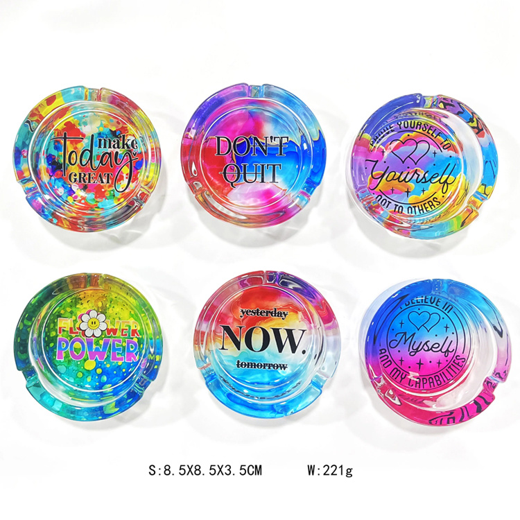 Wholesale New Custom Printed Logo Glass Round Ashtray Flower Ashtray