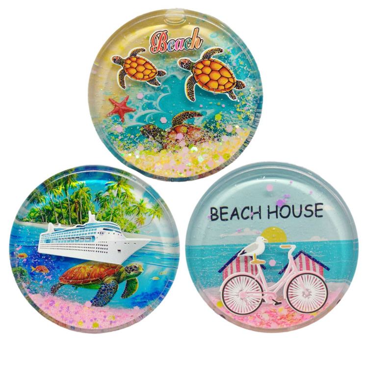 Custom Logo Printing Tourist Souvenir Round Shaped Fridge Magnet Liquid Quicksand Acrylic Refrigerator Magnet