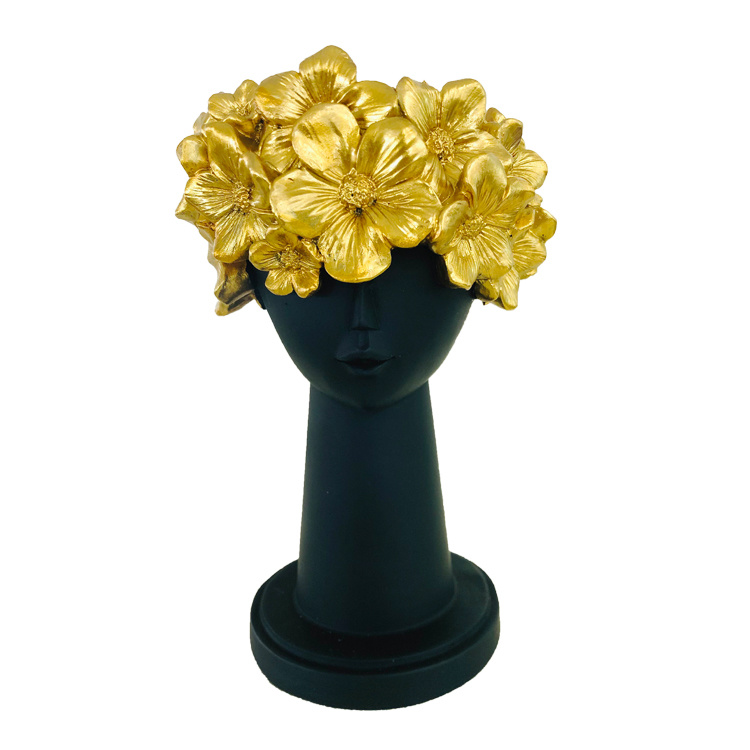 Modern Beautiful Floral Vase Resin Anadem Girl Head Golden Flower Vase for Home Office Decoration