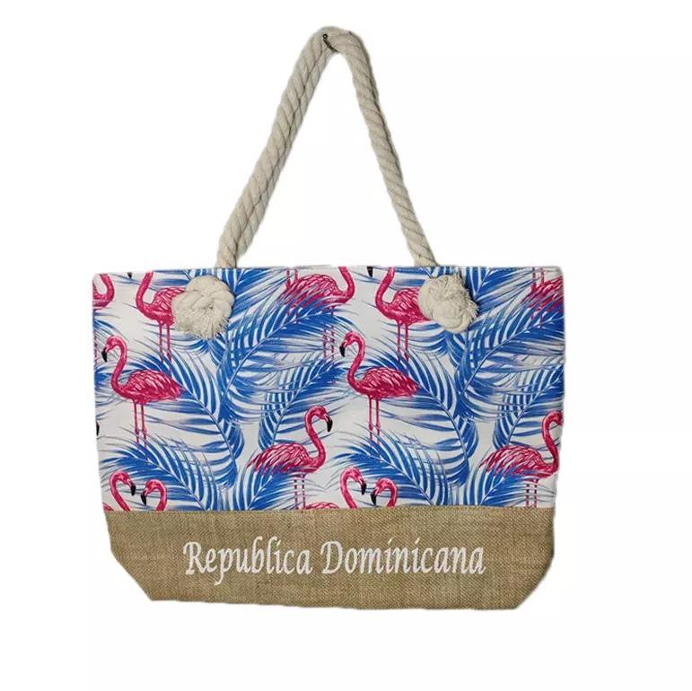 Custom Logo Flamingo Printing Canvas Summer Vacation Tourist Souvenir Beach Tote Bag