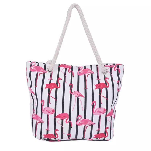 Custom Logo Flamingo Printing Canvas Summer Vacation Tourist Souvenir Beach Tote Bag