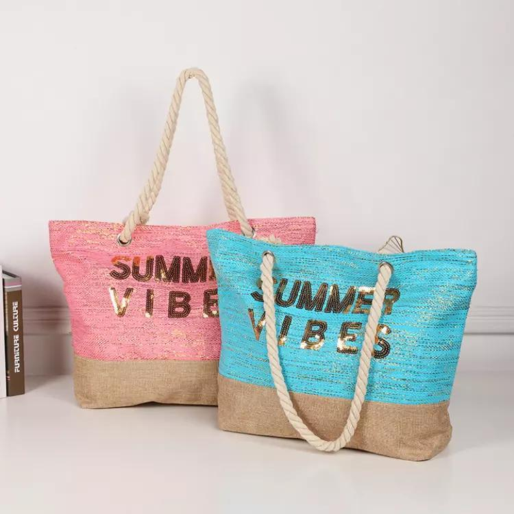 Wholesale Women Casual Summer Sequin Straw Beach Bag