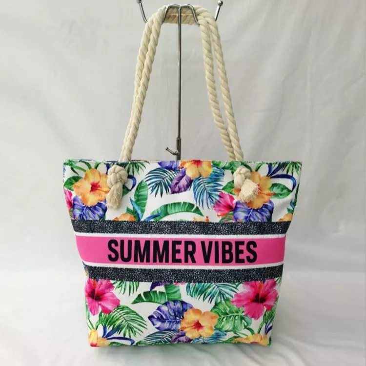 2023 Women Canvas Summer Tropical Floral Printed Beach Tote Bag Rope Handle