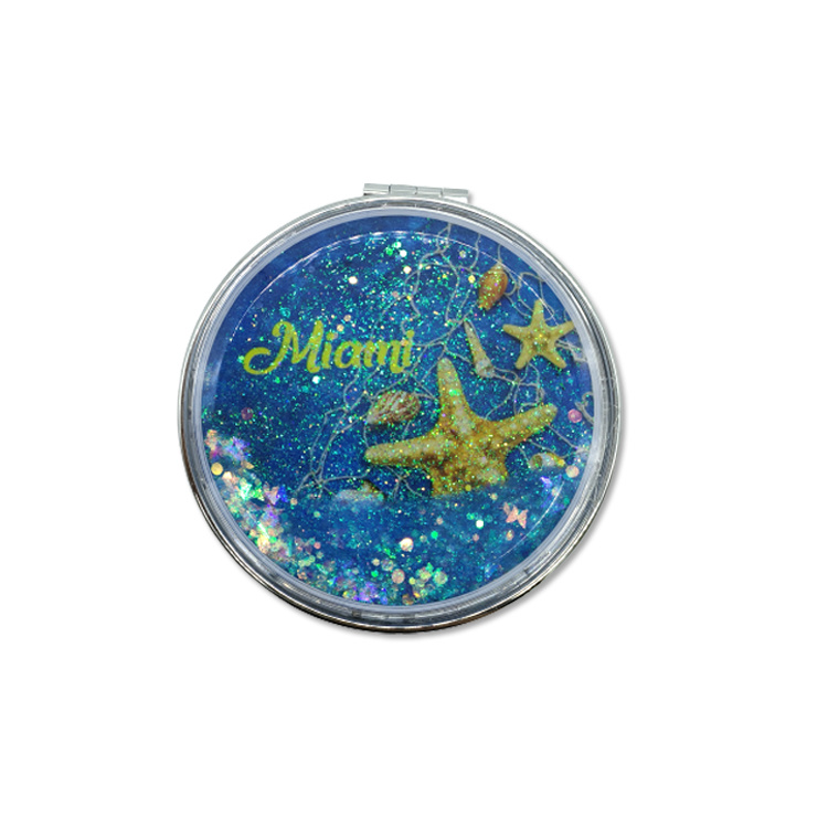 New Design Beach Souvenir Gift Cute Quicksand Glitter Bling Folding Pocket Mirror Custom Logo