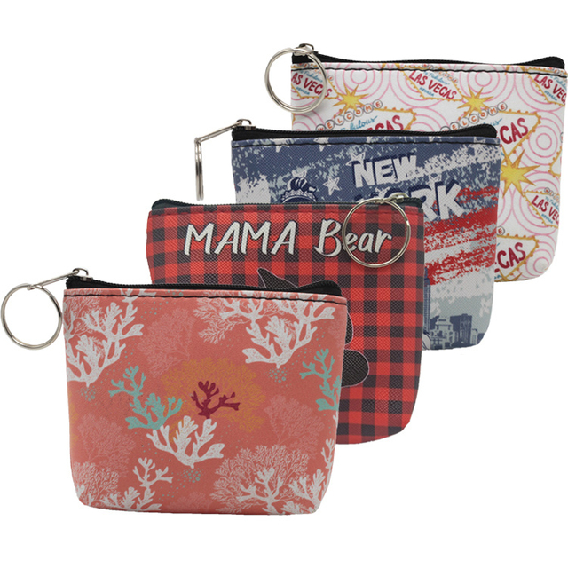 Custom Print PU Leather Zipper Coin Wallet Change Purse Keychain for Souvenir Gift