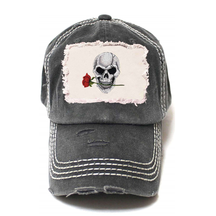 Wholesale Distressed Vintage Skull Hat Custom Embroidery Logo Skull Baseball Cap