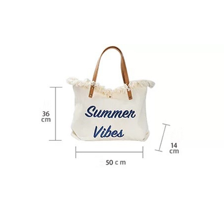 Wholesale Women Canvas Casual Beach Summer Vibes Tassel Tote Bag