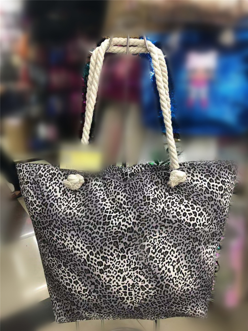 Wholesale Custom Women Canvas Beach Bag Rope Handbag Leopard Print Tote Bag