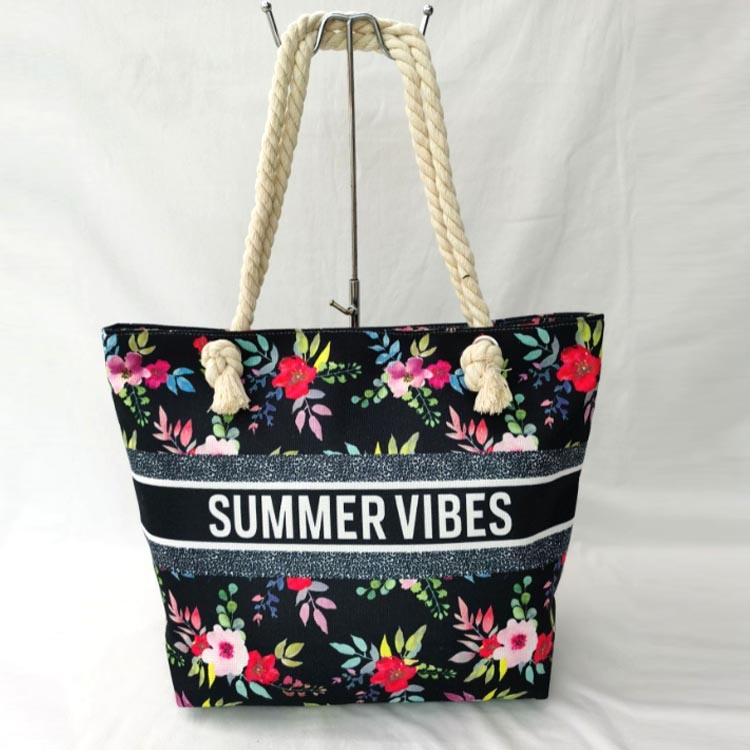 Custom Logo Printing Large Canvas Women Summer Tropical Floral Beach Bag