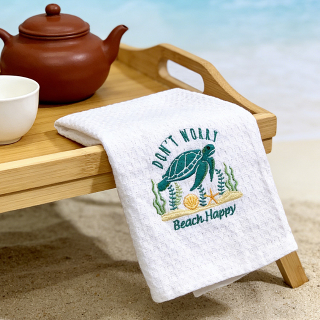 Custom Embroidery logo Tea Towel Ocean Theme Turtle Beach Souvenir Kitchen Cotton Tea Towels