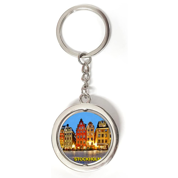 Custom Logo Round Travel City Keyring Spinner Metal Swedish Stockholm Sweden Souvenir Keychain