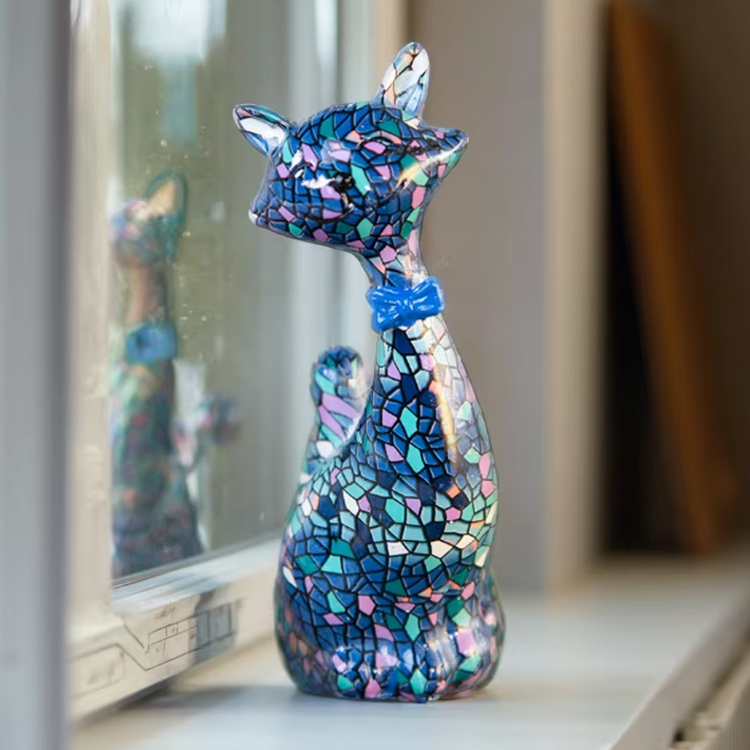 Wholesale Custom European Home Art Decor Desktop Transfer Colorful Resin Cat Statue Mosaic Cat Figurine