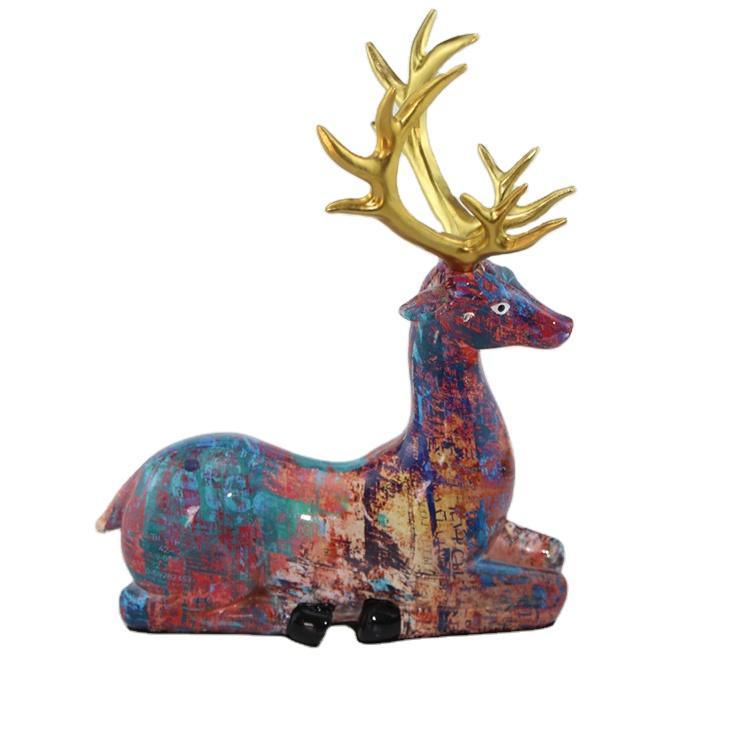 Elk Resin Home Decor Lucky Deer Statue Luxury Style Resin Craft Deer Figurines for Living Room, Office Desktop