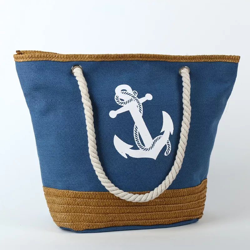 Wholesale Women Summer Anchor Canvas Tote Bag Large Straw Beach Bag