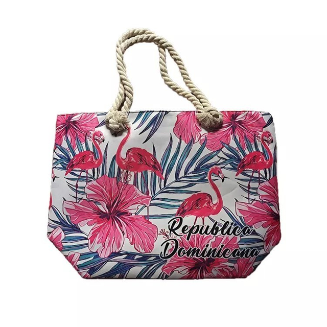 Custom Logo Flamingo Printing Canvas Summer Vacation Tourist Souvenir Beach Tote Bag