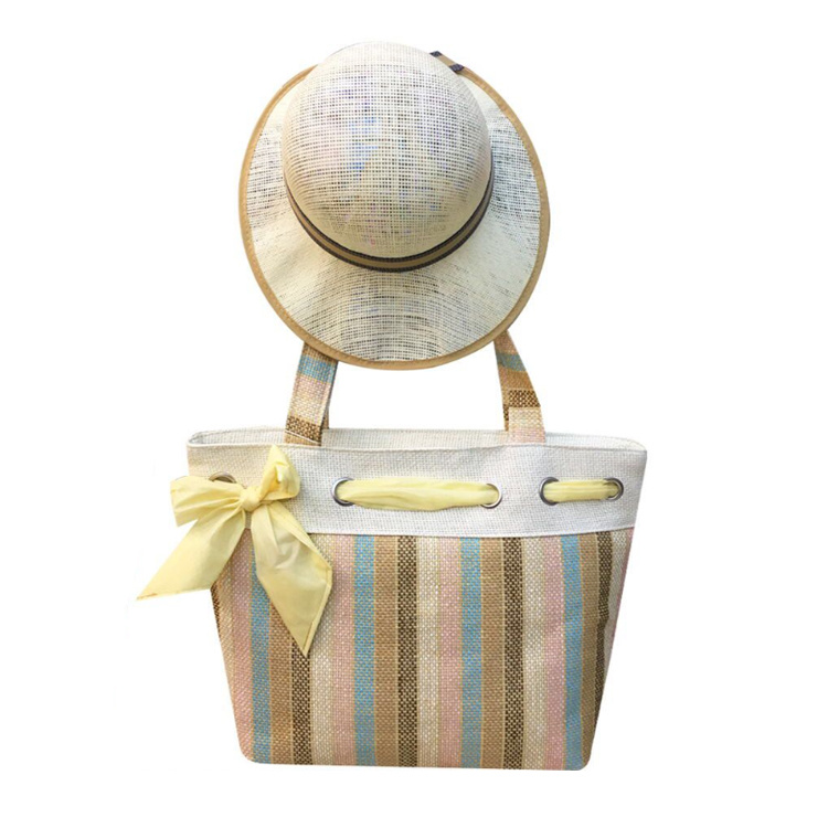 Wholesale Customized Printing Women Summer Jute Straw Beach Tote Bag with Straw Hat