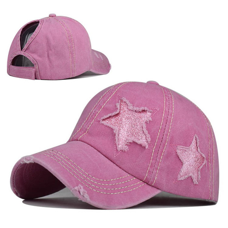 Wholesale Custom Cotton Washed Ponytail Baseball Hats Sequin Star Baseball Cap