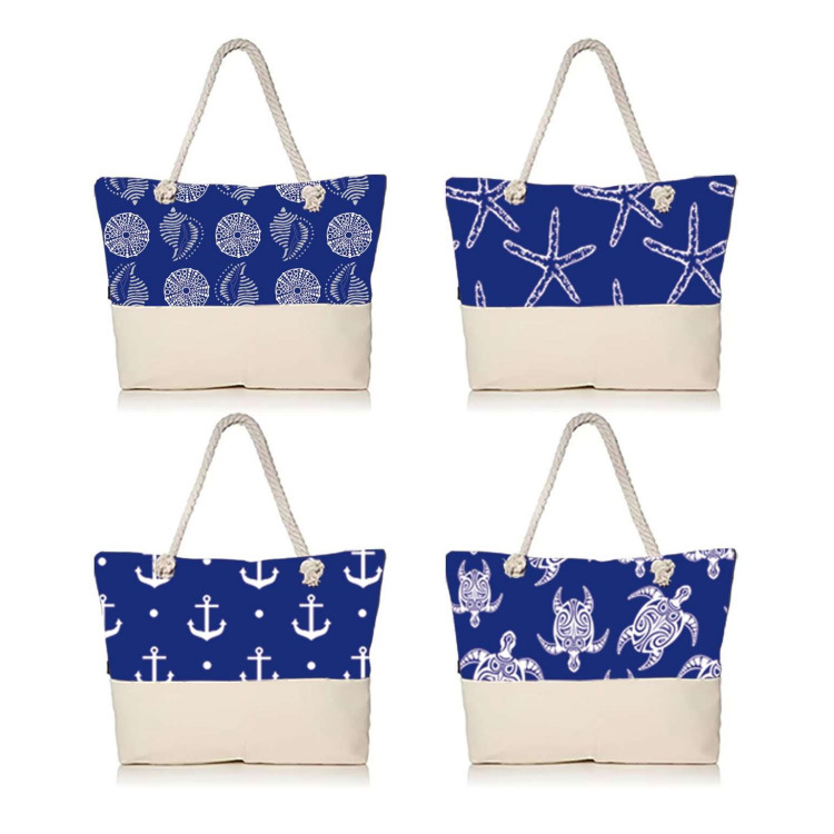 Custom Nautical Beach Style Sea Life Beach Bags Linen Tote Bag with Logo