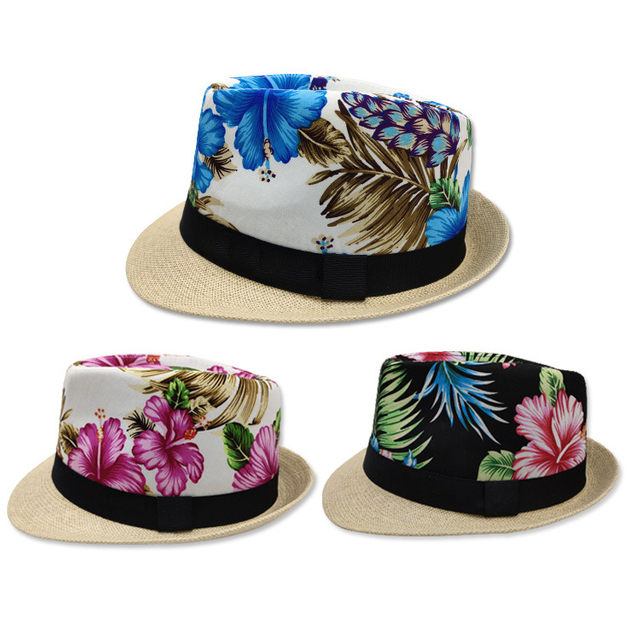 Wholesale Outdoor Beach Summer Men Straw Floral Hat Custom Logo Fedora Hat