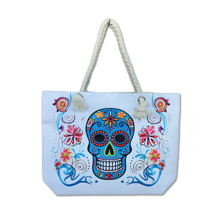 Custom Canvas Printing Women Mexico Souvenir Halloween Skull Beach Tote Bag