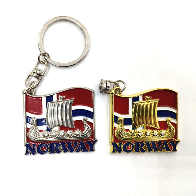 Custom Logo Alloy Metal Flag Viking Boat Norway Sweden Souvenir Keychain