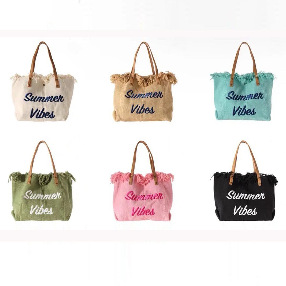 Wholesale Women Canvas Casual Beach Summer Vibes Tassel Tote Bag