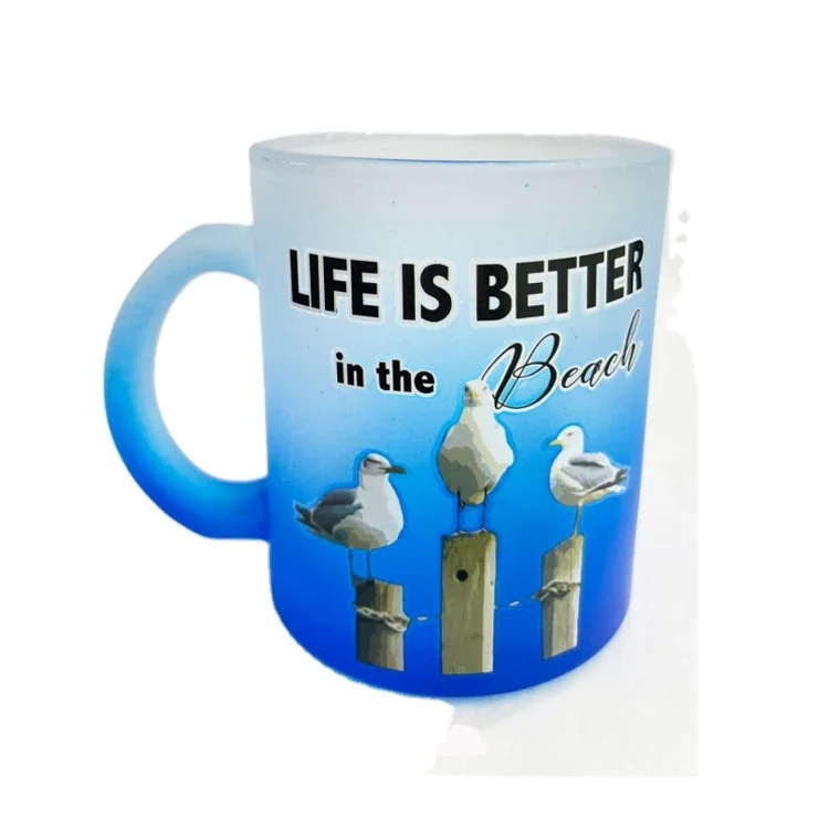 Wholesale Beach Tourist Souvenir Sublimation Custom Logo Gradient Color Frosted Glass Mug