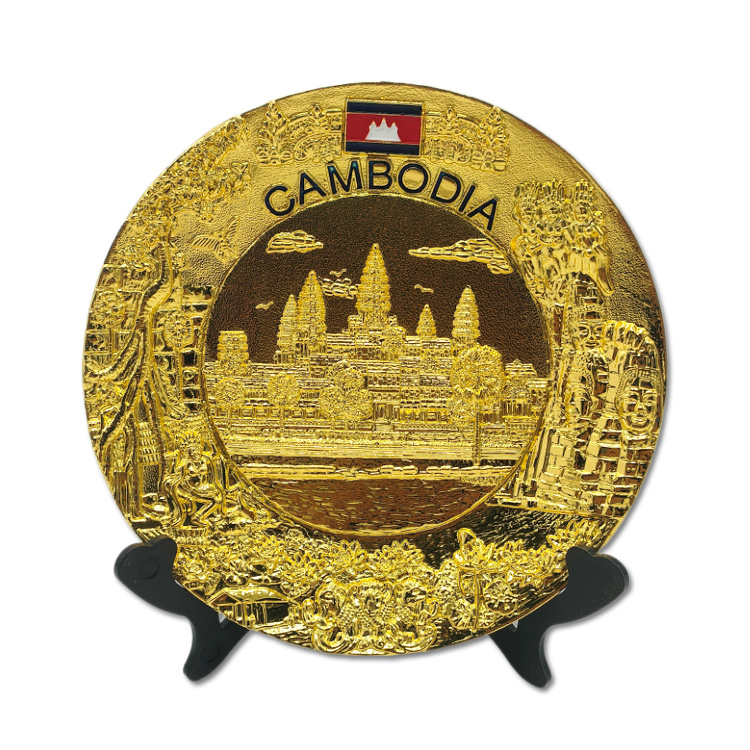 Custom Alloy Decorative Golden Plate Metal Vietnam Angkor Wat Cambodia Souvenir Plate