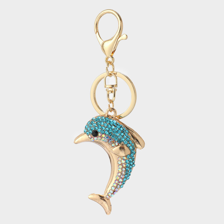 Wholesale Metal Ocean Series Beach Souvenir Keychain Dolphin Rhinestone Key Chain