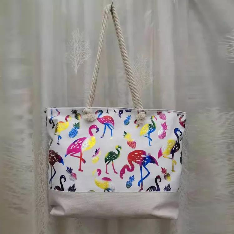 Wholesale Custom Flamingo Ladies Canvas Handbag Golden Printing Beach Bag