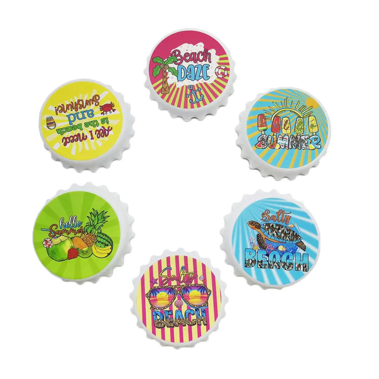 Customized Beach Souvenir Design Bottle Cap Shape Round Fridge Magnet Bottle Opener