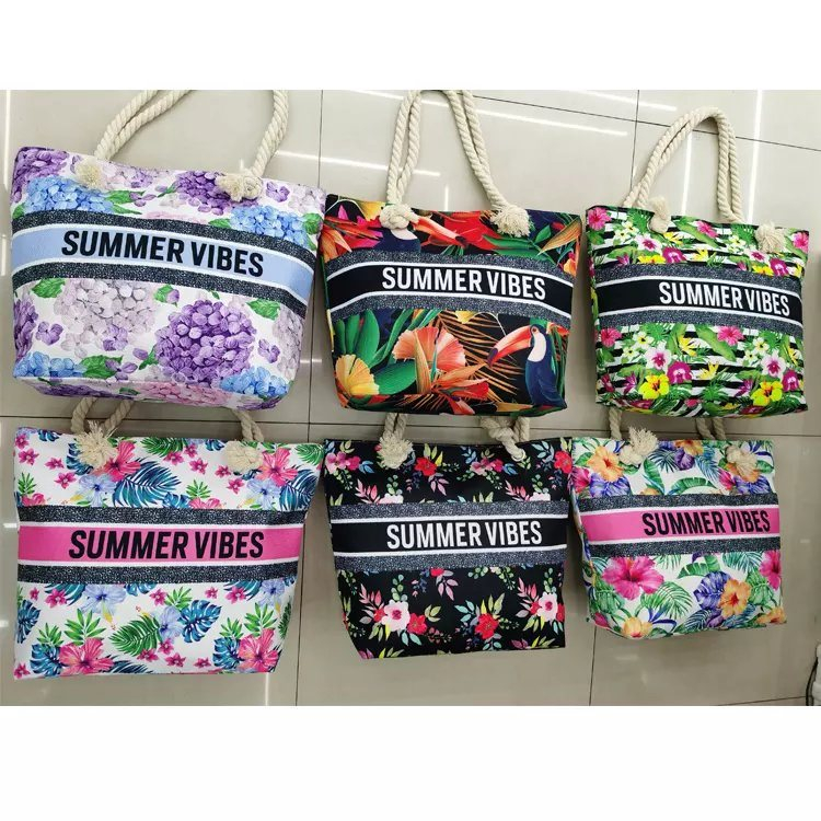 2023 Women Canvas Summer Tropical Floral Printed Beach Tote Bag Rope Handle