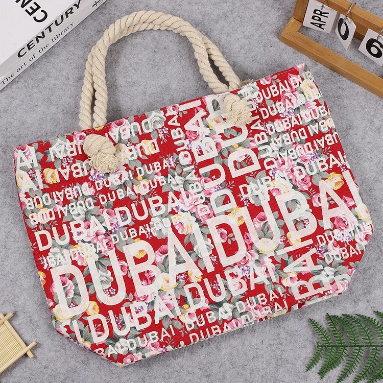 Custom Foam Logo Women Canvas Souvenir Dubai Letter Beach Tote Bag