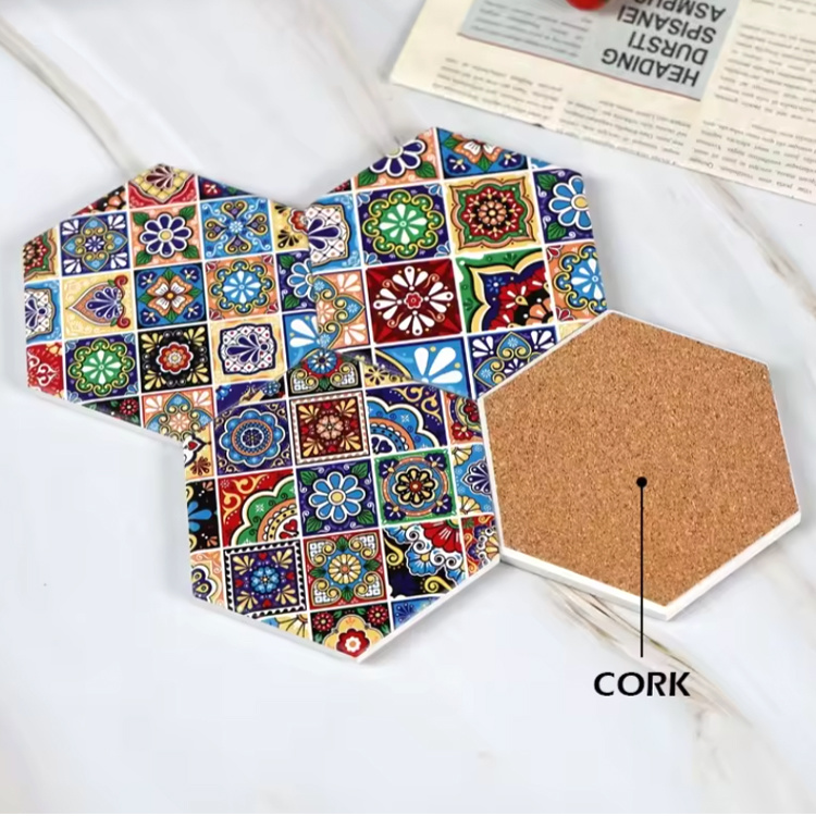 Custom 3D Printing Mexican Souvenir Halloween Ceramic Hexagon Sugar Skull Coaster with Cork