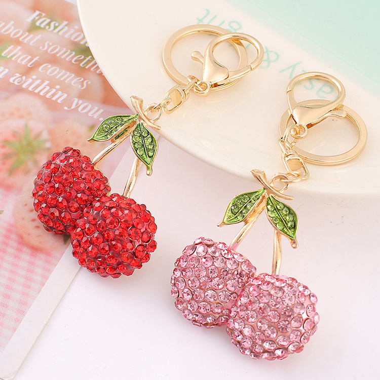 Wholesale Metal Woman Bag Pendant Diamond Rhinestone Crystal Fruit Cherry Key Chain Cherry Keychain