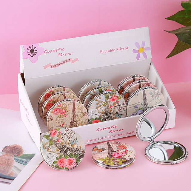 Wholesale Leather Small Mini Cosmetic Mirror Bling Tourist Souvenir France Paris Pocket Mirror with Custom logo