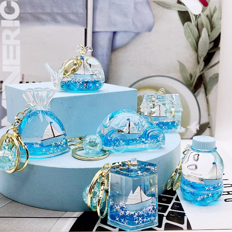 Wholesale Acrylic Plastic Cartoon Beach Nautical Drift Bottle Keychain Tourist Souvenir Sailboat Liquid Oil Ocean Keychain