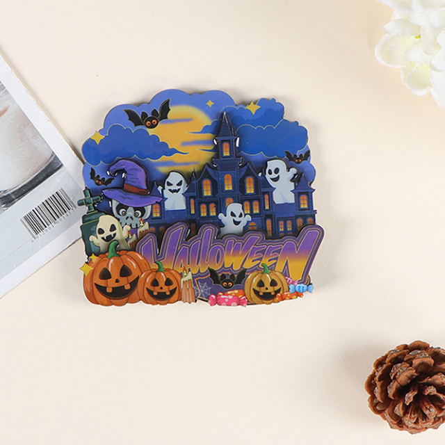 Factory Custom Logo Shaped Halloween Gift Epoxy Wooden Pumpkin Halloween Fridge Magnet