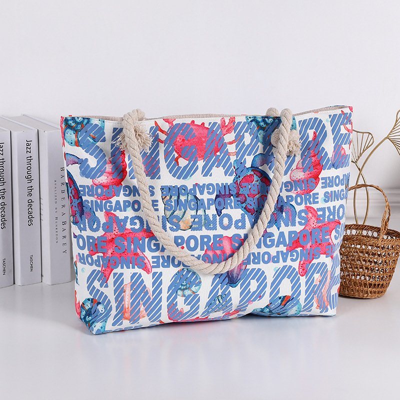 Wholesale Souvenir Letter Canvas Custom Shoulder Beach Bag Printing Beach Bag Rope Handle Waterproof Beach Bag for Women