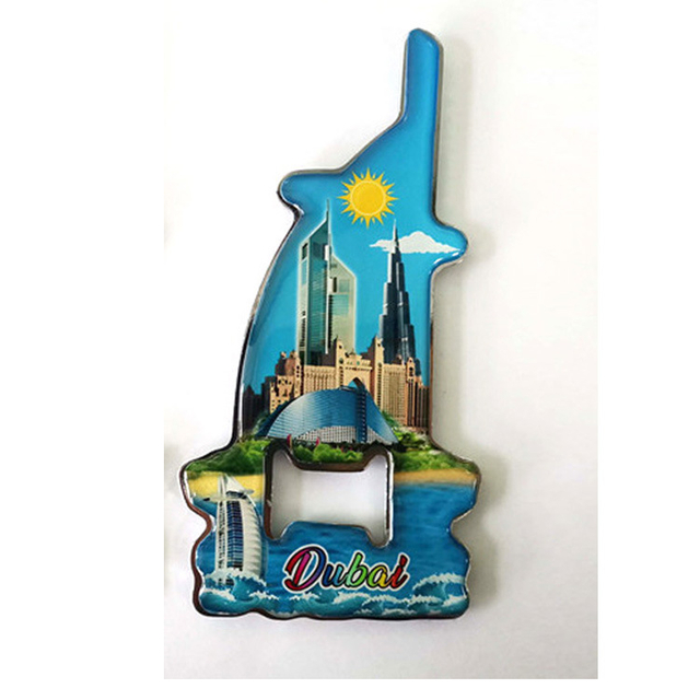 Custom Shape Metal Epoxy Tourist Souvenir UAE Dubai Fridge Magnet with Bottle Opener