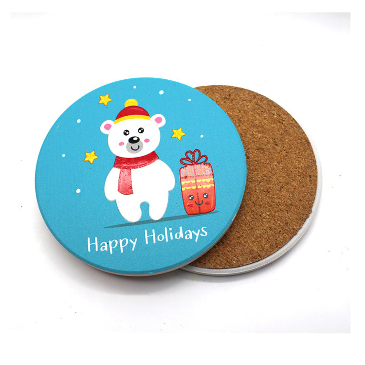 Custom Printing Cartoon Round Cork Christmas Coaster for Drinks