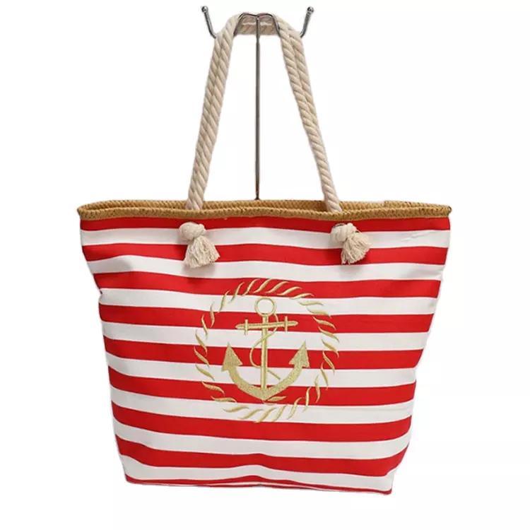 Customized Printd Logo Blue White Striped Nautical Anchor Beach Bags