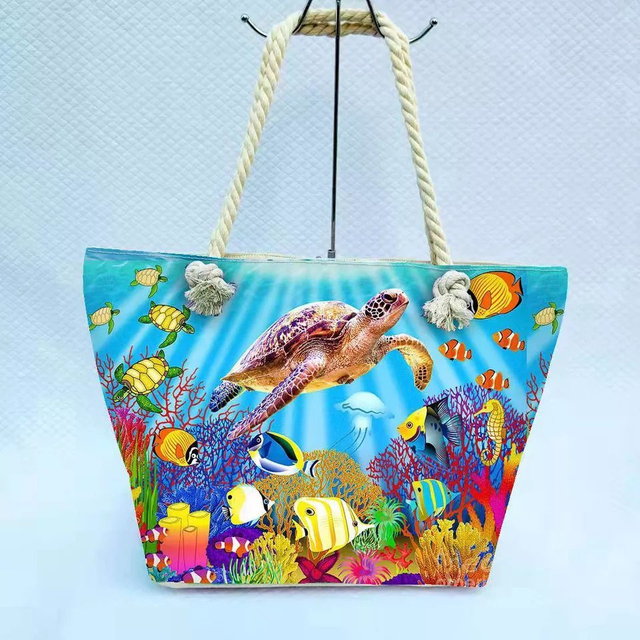 Factory Wholesale Canvas Travel Beach Vacation Hand Bag Sea Life Turtle Tropical Beach Bag