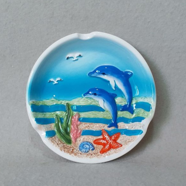 Wholesale Hand Painted Ocean Dolphin Beach Tourist Souvenir Porcelain Ashtray